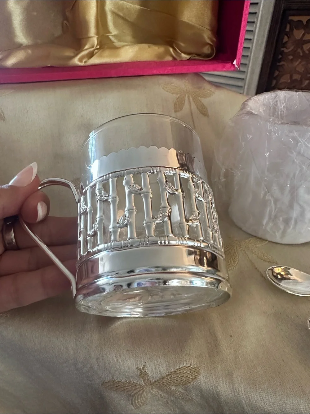 Ekaani Bamboo Metal & Glass Tea / Coffee Cup / Demitasse Set w/ Spoons. New.
